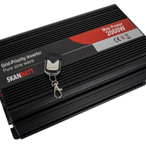 SKANBATT Inverter 12V 2000W Ren Sinus med Nätprioritering och Trådlös Fjärrkontroll 340x180x120mm