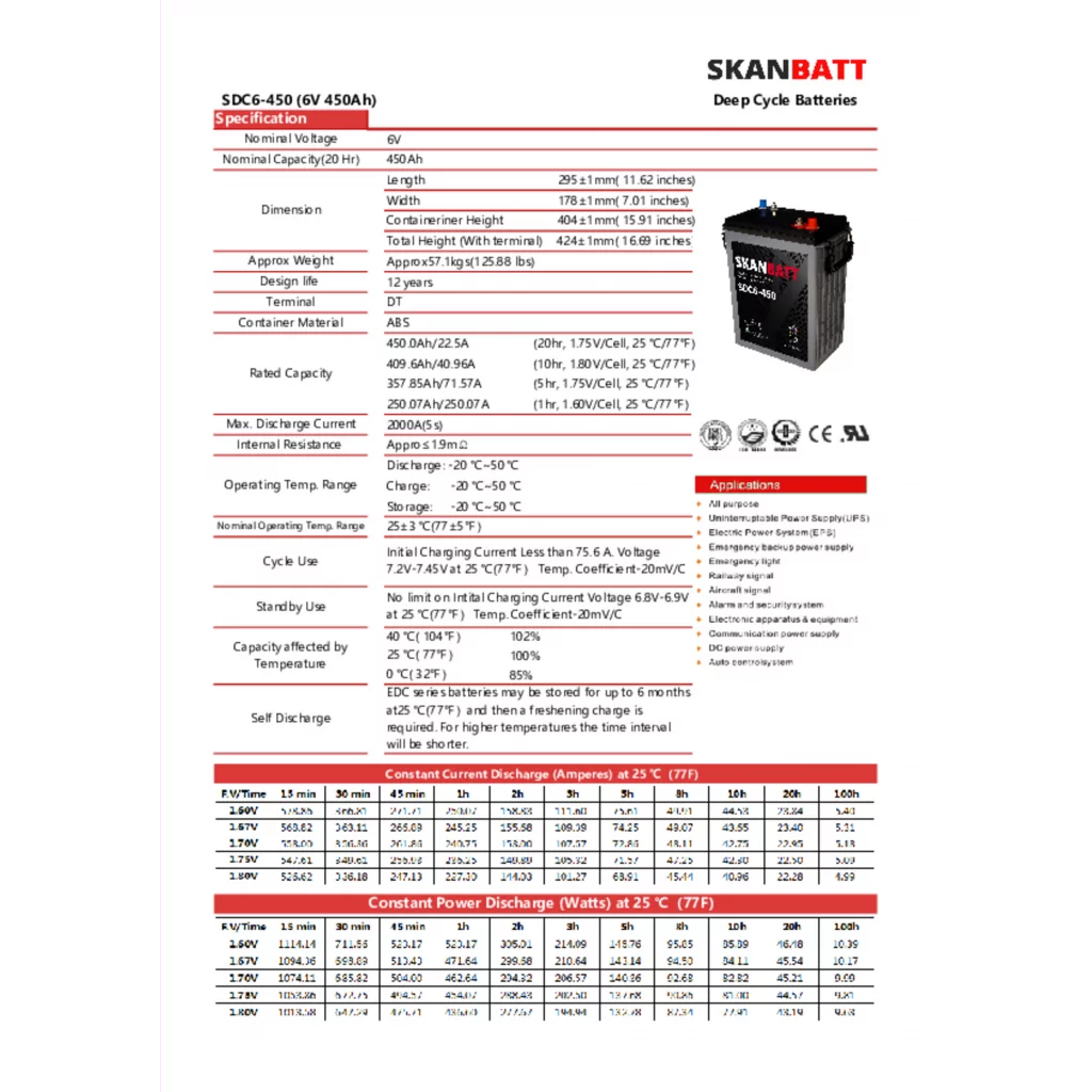 SKANBATT DEEP CYCLE AGM Batteri 6V 450AH - 295x178x424mm