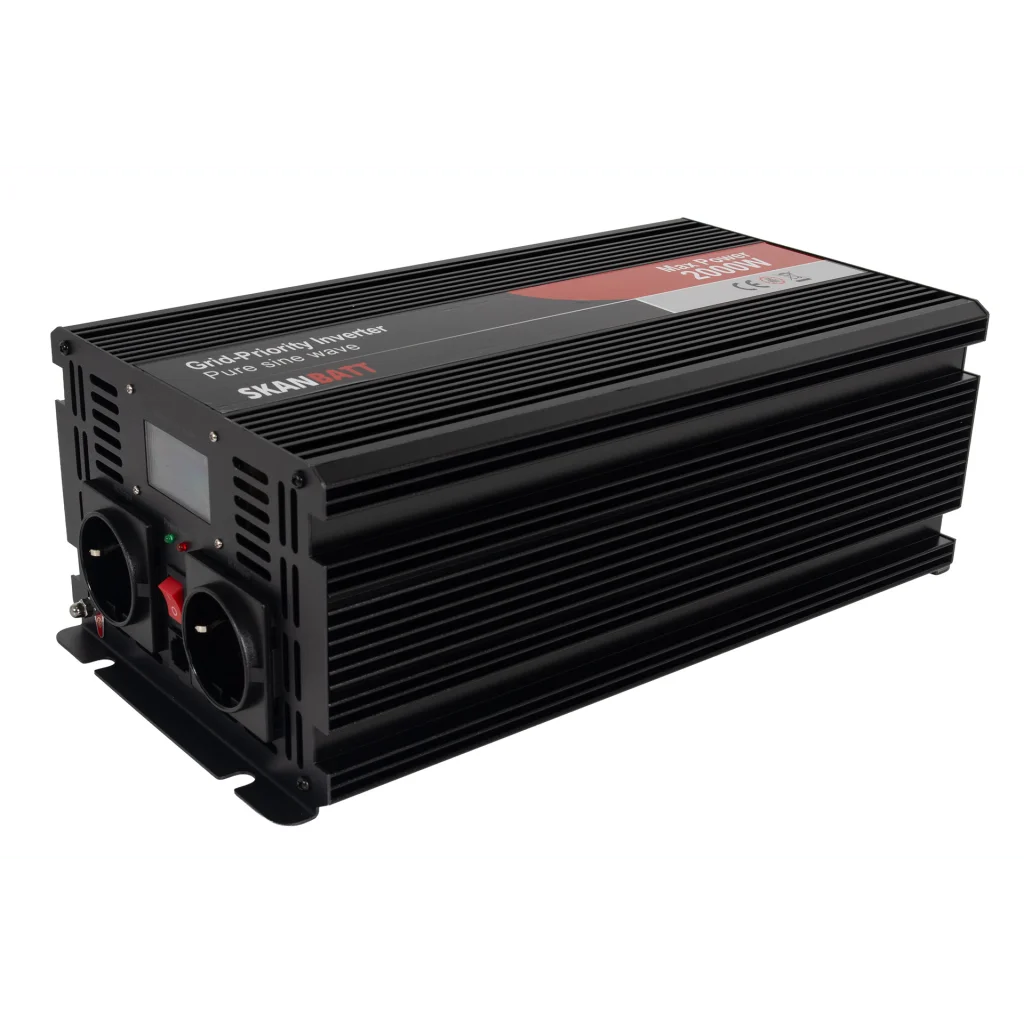SKANBATT Inverter 12V 2000W Ren Sinus med Nätprioritering och Trådlös Fjärrkontroll 340x180x120mm