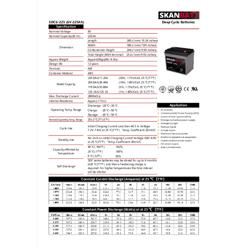 SKANBATT DEEP CYCLE AGM Batteri 6V 225AH - 260x180x246mm