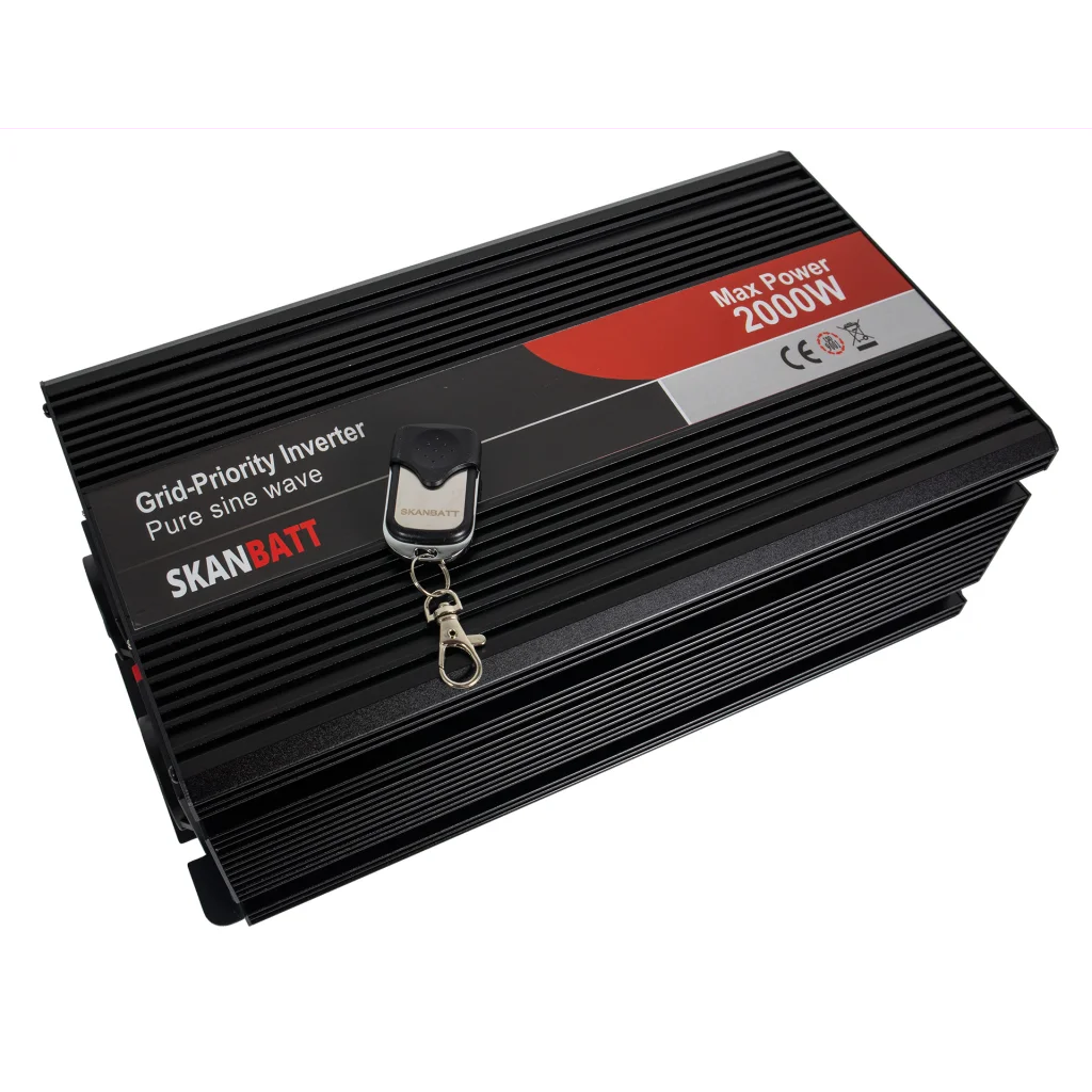 SKANBATT Inverter 12V 2000W Ren Sinus med Nätprioritering och Trådlös Fjärrkontroll 340x180x120mm