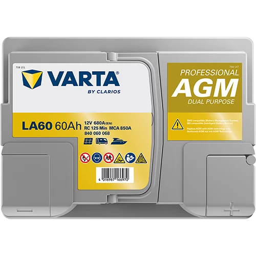 VARTA LA60 Fritidsbatteri AGM Batteri 12V 60AH 680CCA (242x175x190/190mm) +höger