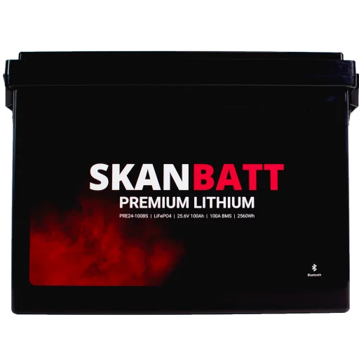 SKANBATT Premium Lithium - 24V 100Ah 100A BMS - 345x190x245mm - Bluetooth - 8 Års garanti