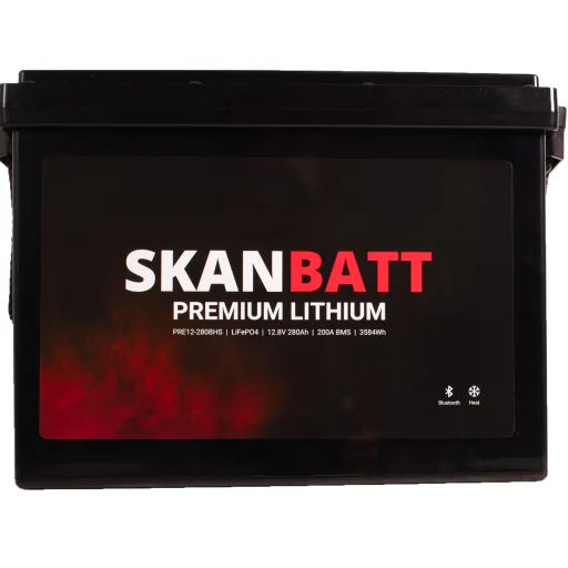 SKANBATT Premium Lithium - 12V 280Ah 200A BMS - Bluetooth - Heat - 384x204x268mm - 8 Års garanti