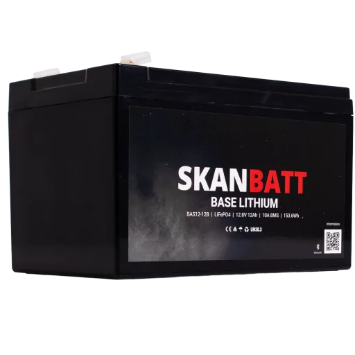 SKANBATT Base Lithium - 12V 12Ah 10A BMS - Bluetooth - 151x98x95mm - 3 Års garanti