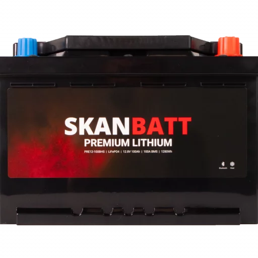 SKANBATT Premium Lithium - 12V 100Ah 100A BMS - Bluetooth - Heat - 280x178x188mm - 8 Års garanti
