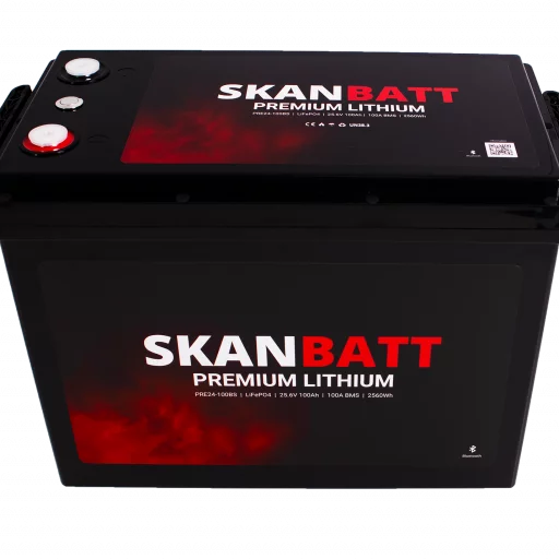 SKANBATT Premium Lithium - 24V 100Ah 100A BMS - 345x190x245mm - Bluetooth - 8 Års garanti
