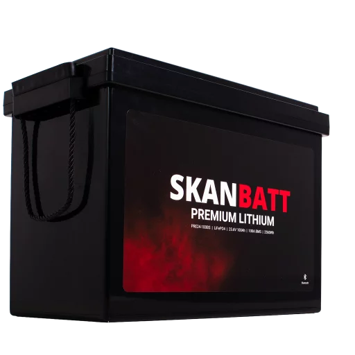 SKANBATT Premium Lithium - 24V 100Ah 100A BMS - 345x190x245mm - Bluetooth - 8 Års garanti