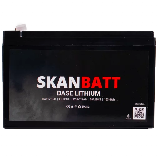 SKANBATT Base Lithium - 12V 12Ah 10A BMS - Bluetooth - 151x98x95mm - 3 Års garanti