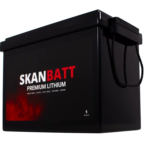 SKANBATT Premium Lithium - 24V 100Ah 100A BMS - 345x190x245mm - Bluetooth - 8 Års garanti