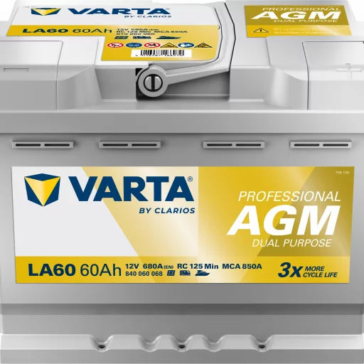 VARTA LA60 Fritidsbatteri AGM Batteri 12V 60AH 680CCA (242x175x190/190mm) +höger