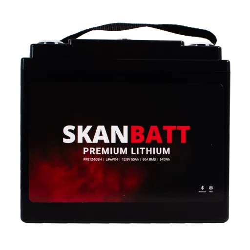 SKANBATT Premium Lithium - 12V 50Ah 60A BMS - Bluetooth - Heat - 197x165x174mm - 8 Års garanti