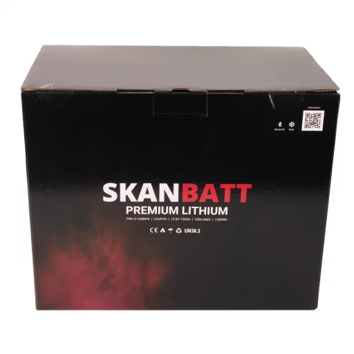 SKANBATT Premium Lithium - 12V 100Ah 100A BMS - Bluetooth - Heat - 280x178x188mm - 8 Års garanti