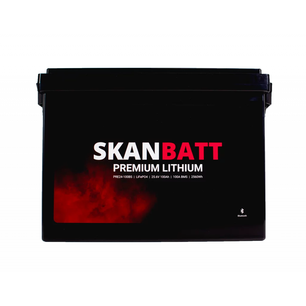SKANBATT Premium Lithium - 24V 100Ah 100A BMS - 345x190x245mm - Bluetooth - 8 Års garanti