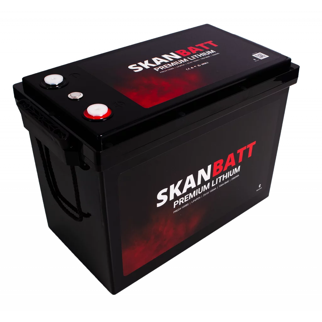 SKANBATT Premium Lithium - 24V 100Ah 100A BMS - 345x190x245mm - Bluetooth - 8 Års garanti