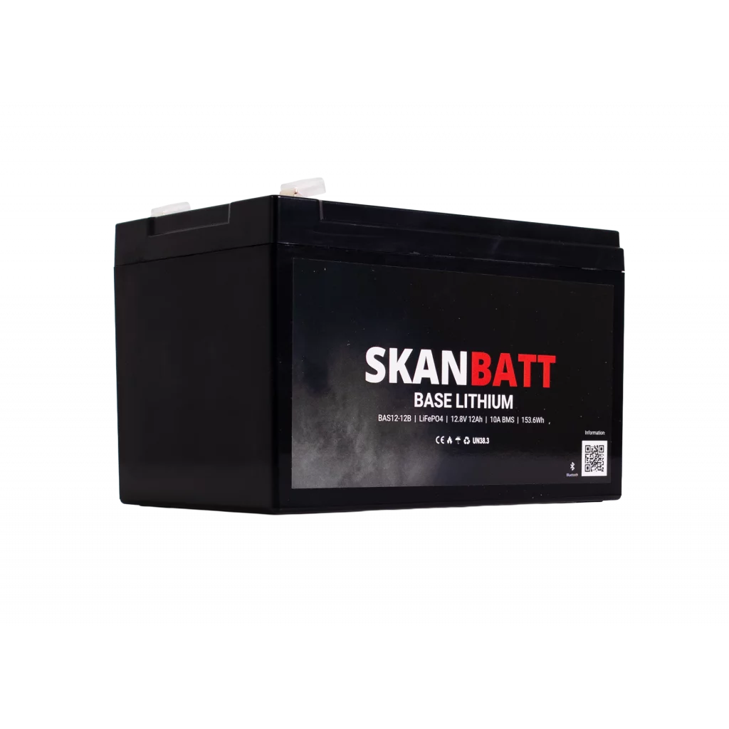 SKANBATT Base Lithium - 12V 12Ah 10A BMS - Bluetooth - 151x98x95mm - 3 Års garanti