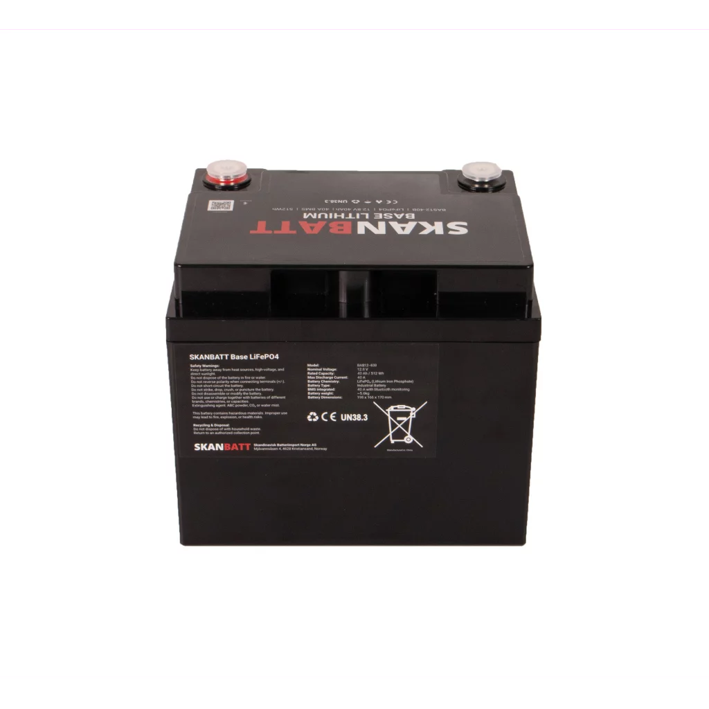 SKANBATT Base Lithium - 12V 40Ah 40A BMS - Bluetooth - 198x166x170mm - 3 Års garanti