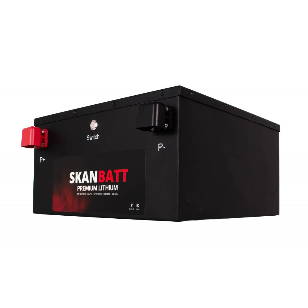 SKANBATT Premium Lithium - 12V 470Ah 200A BMS - Bluetooth - Heat - 360x350x190mm - 8 Års garanti - "Under sätet" modell