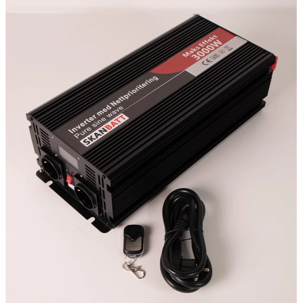 SKANBATT Inverter 12V 3000W Ren Sinus med Nätprioritering, Trådlös fjärrkontroll