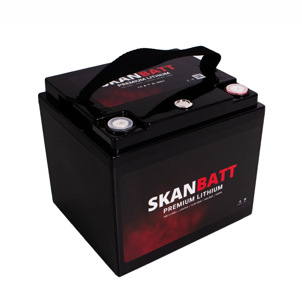 SKANBATT Premium Lithium - 12V 50Ah 60A BMS - Bluetooth - Heat - 197x165x174mm - 8 Års garanti