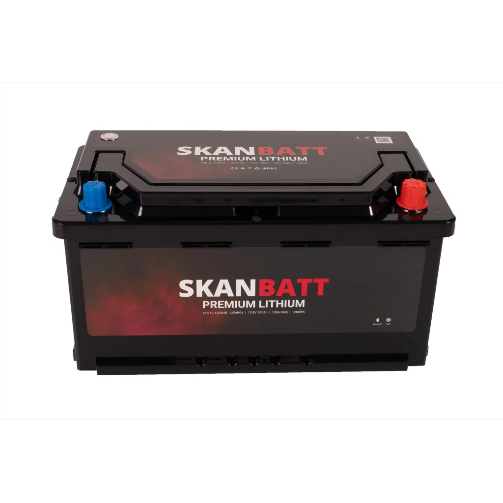 SKANBATT Premium Lithium - 12V 100Ah 100A BMS - Bluetooth - Heat  - 359x178x188mm - 8 Års garanti - Husbil