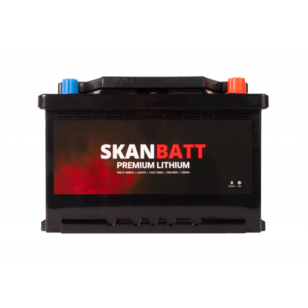 SKANBATT Premium Lithium - 12V 100Ah 100A BMS - Bluetooth - Heat - 280x178x188mm - 8 Års garanti