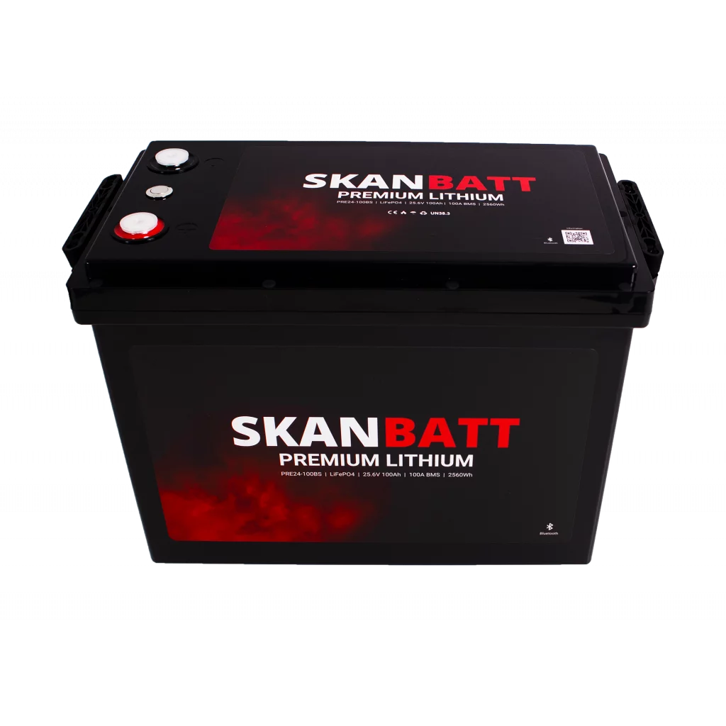 SKANBATT Premium Lithium - 24V 100Ah 100A BMS - 345x190x245mm - Bluetooth - 8 Års garanti