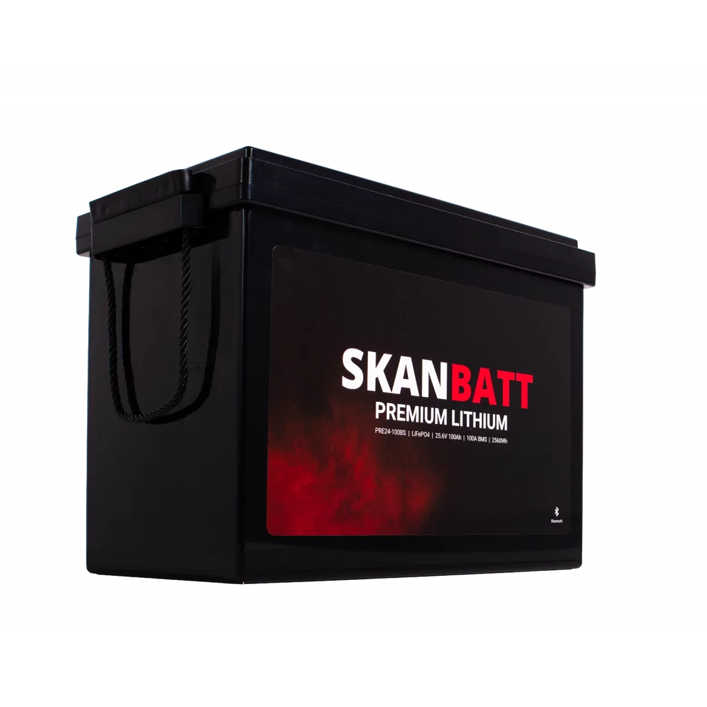 SKANBATT Premium Lithium - 24V 100Ah 100A BMS - 345x190x245mm - Bluetooth - 8 Års garanti