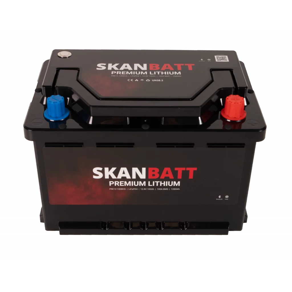 SKANBATT Premium Lithium - 12V 100Ah 100A BMS - Bluetooth - Heat - 280x178x188mm - 8 Års garanti
