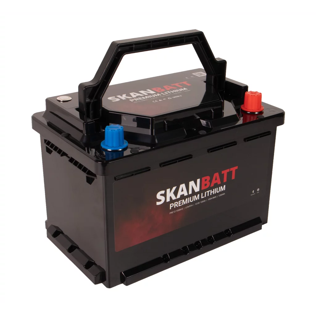 SKANBATT Premium Lithium - 12V 100Ah 100A BMS - Bluetooth - Heat - 280x178x188mm - 8 Års garanti