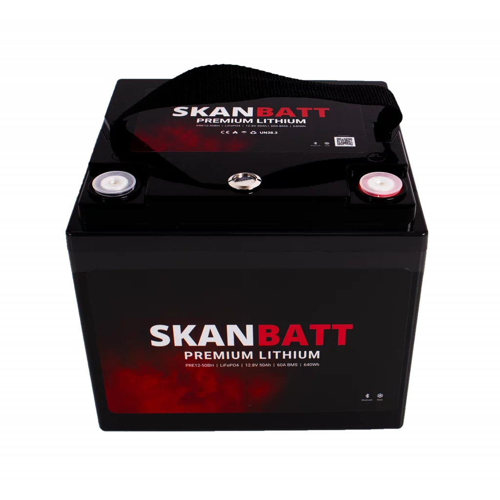 SKANBATT Premium Lithium - 12V 50Ah 60A BMS - Bluetooth - Heat - 197x165x174mm - 8 Års garanti
