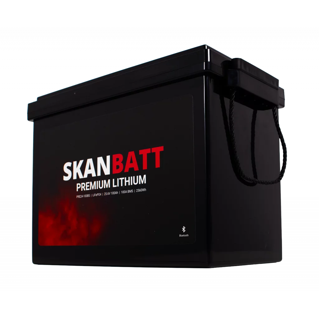 SKANBATT Premium Lithium - 24V 100Ah 100A BMS - 345x190x245mm - Bluetooth - 8 Års garanti