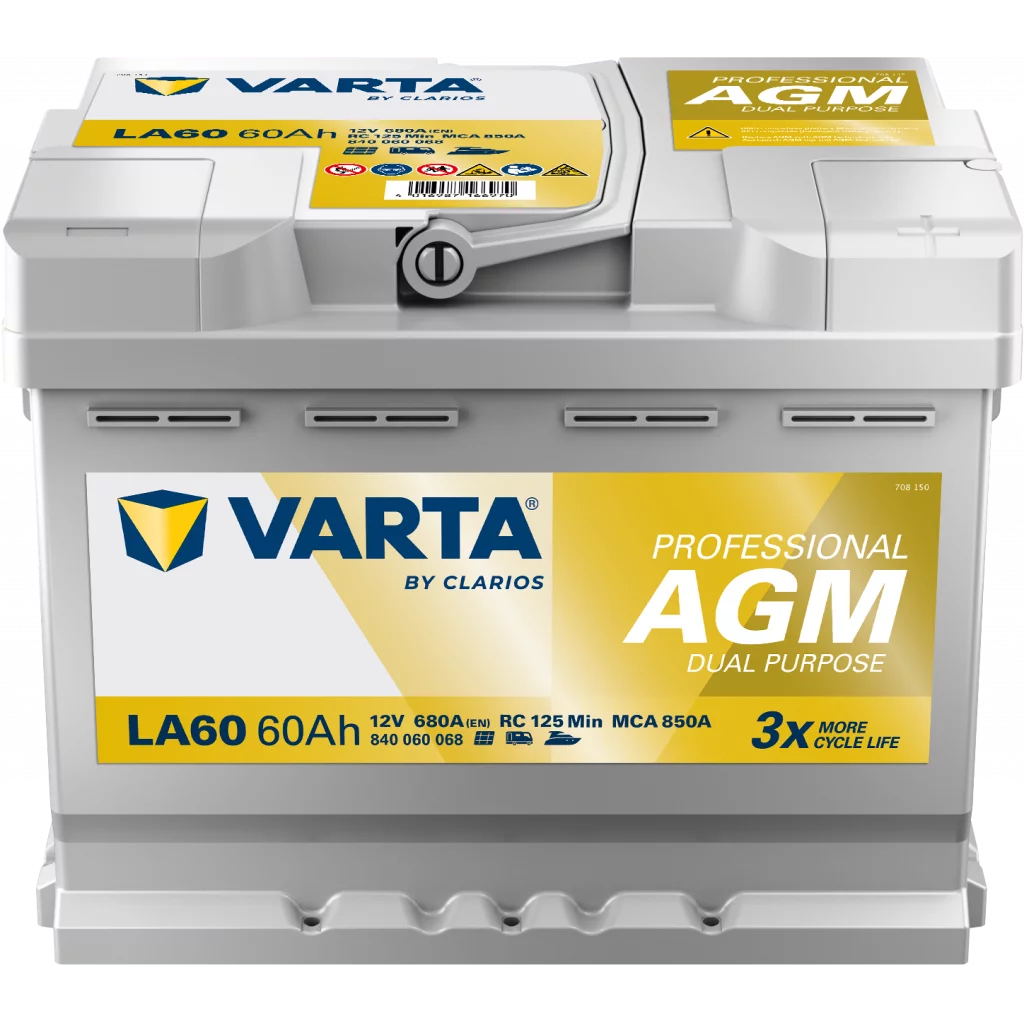 VARTA LA60 Fritidsbatteri AGM Batteri 12V 60AH 680CCA (242x175x190/190mm) +höger