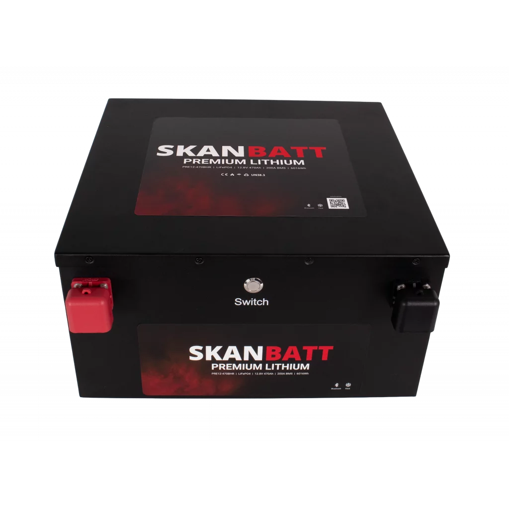 SKANBATT Premium Lithium - 12V 470Ah 200A BMS - Bluetooth - Heat - 360x350x190mm - 8 Års garanti - "Under sätet" modell