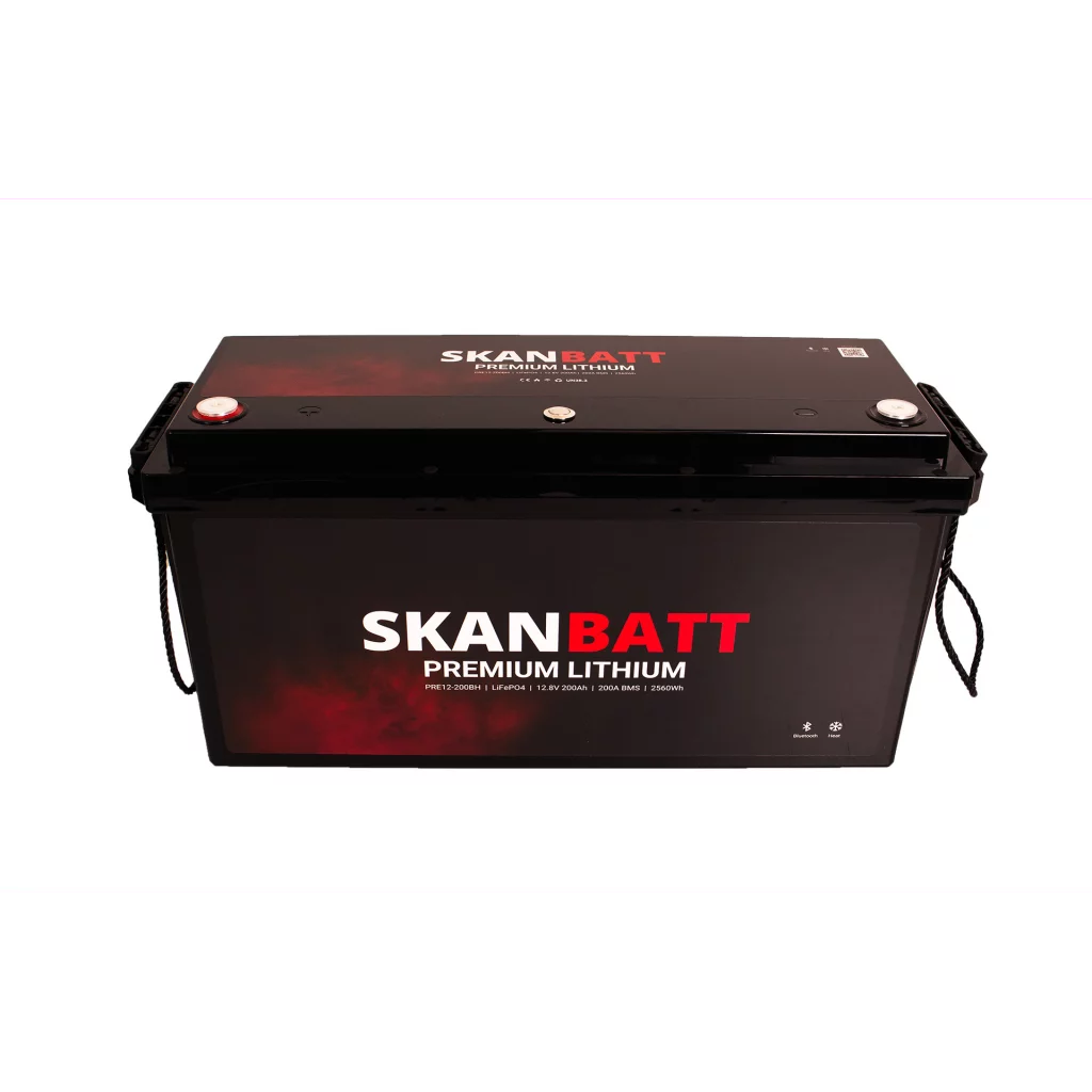 SKANBATT Premium Lithium - 12V 200Ah 200A BMS - Bluetooth - Heat - 502x187x242mm - 8 Års garanti