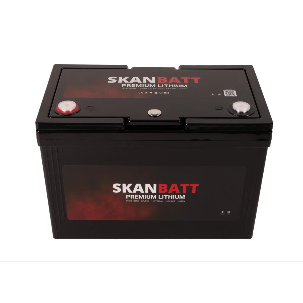 SKANBATT Premium Lithium - 12V 100Ah 100A BMS - Bluetooth - Heat - 306x172x212mm - 8 Års garanti