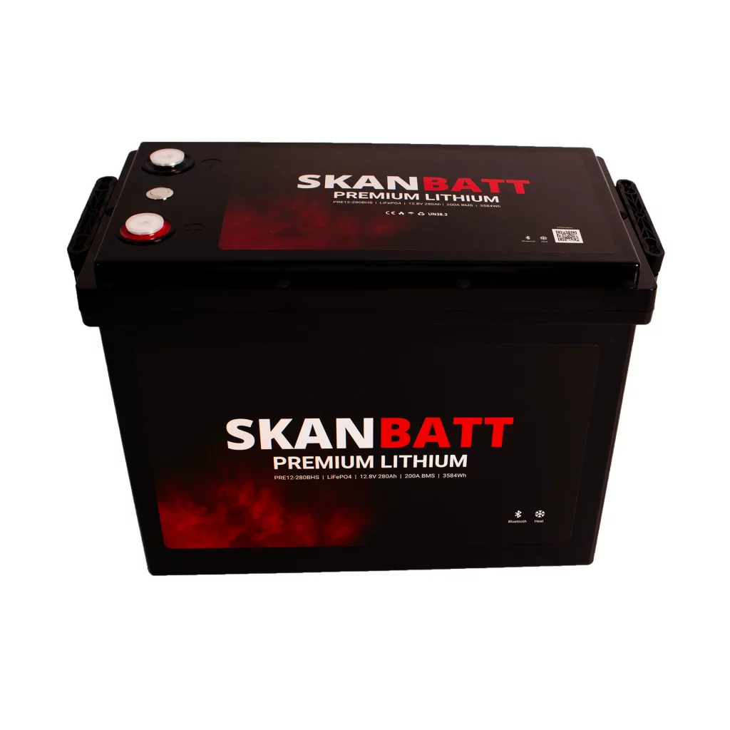 SKANBATT Premium Lithium - 12V 280Ah 200A BMS - Bluetooth - Heat - 384x204x268mm - 8 Års garanti