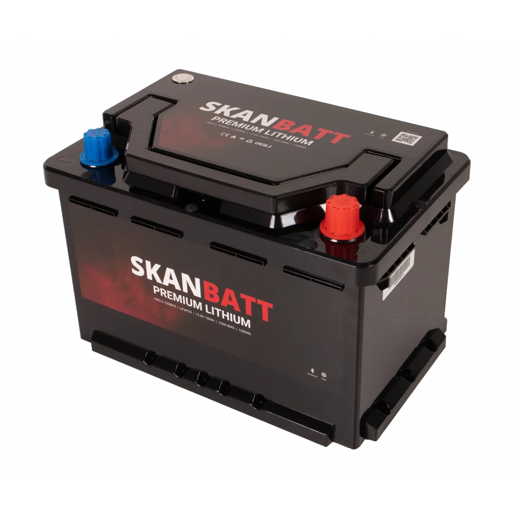 SKANBATT Premium Lithium - 12V 100Ah 100A BMS - Bluetooth - Heat - 280x178x188mm - 8 Års garanti
