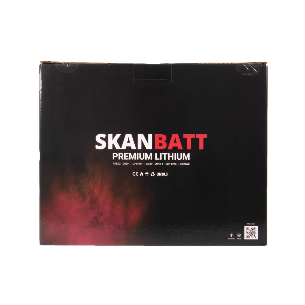 SKANBATT Premium Lithium - 12V 100Ah 100A BMS - Bluetooth - Heat - 306x172x212mm - 8 Års garanti