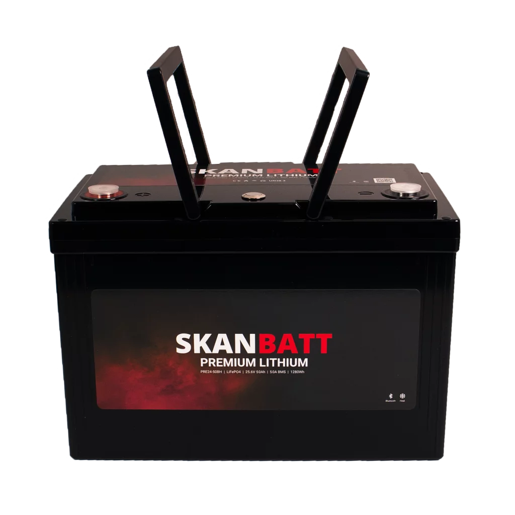 SKANBATT Premium Lithium - 24V 50Ah 50A BMS - 307x172x215mm - Bluetooth - Heat - 8 Års garanti