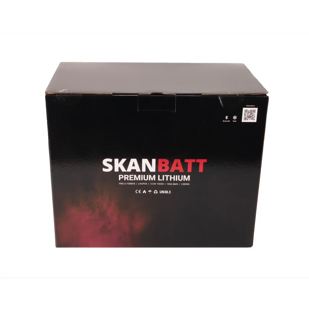 SKANBATT Premium Lithium - 12V 100Ah 100A BMS - Bluetooth - Heat - 280x178x188mm - 8 Års garanti