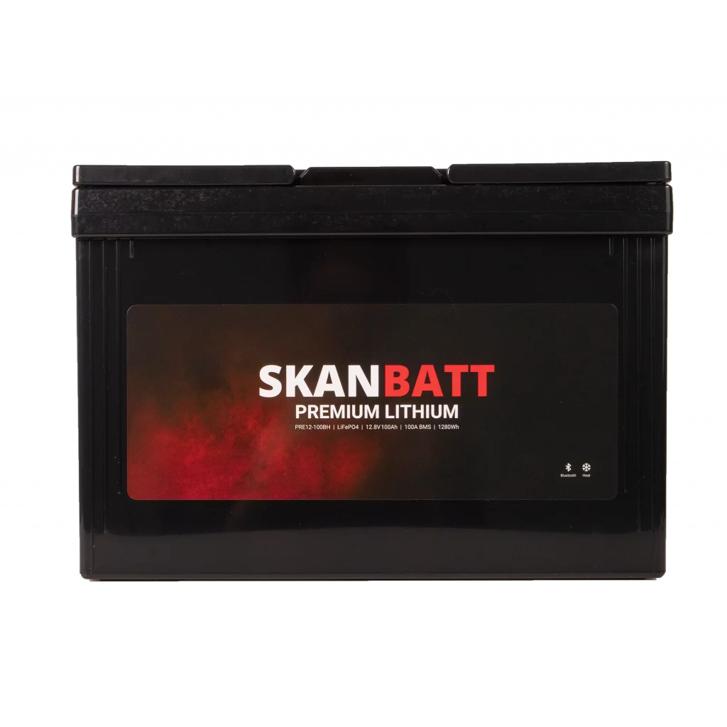 SKANBATT Premium Lithium - 12V 100Ah 100A BMS - Bluetooth - Heat - 306x172x212mm - 8 Års garanti