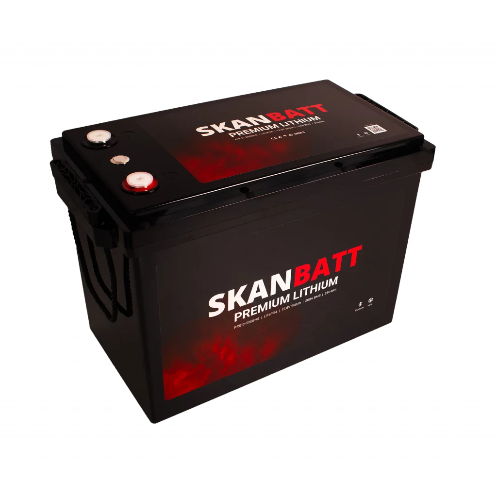 SKANBATT Premium Lithium - 12V 280Ah 200A BMS - Bluetooth - Heat - 384x204x268mm - 8 Års garanti