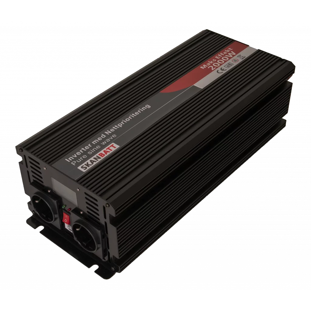 SKANBATT Inverter 12V 2000W Ren Sinus med Nätprioritering och Trådlös Fjärrkontroll 420x165x120mm