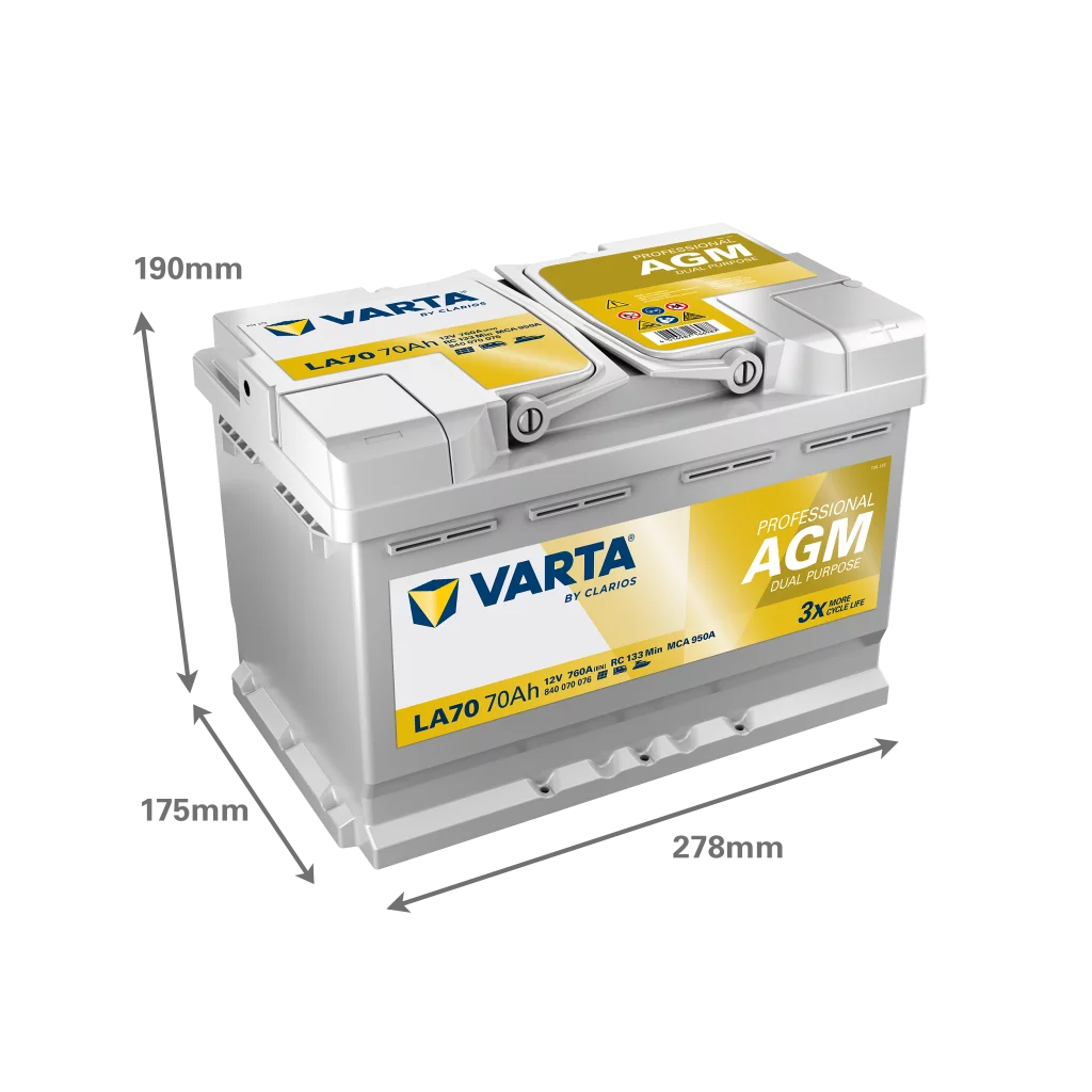 VARTA LA70 Fritidsbatteri AGM Batteri 12V 70AH 760CCA (278x175x190/190mm) +höger