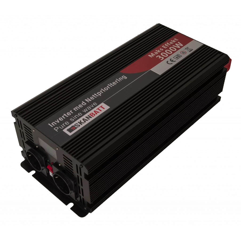 SKANBATT Inverter 12V 3000W Ren Sinus med Nätprioritering, Trådlös fjärrkontroll