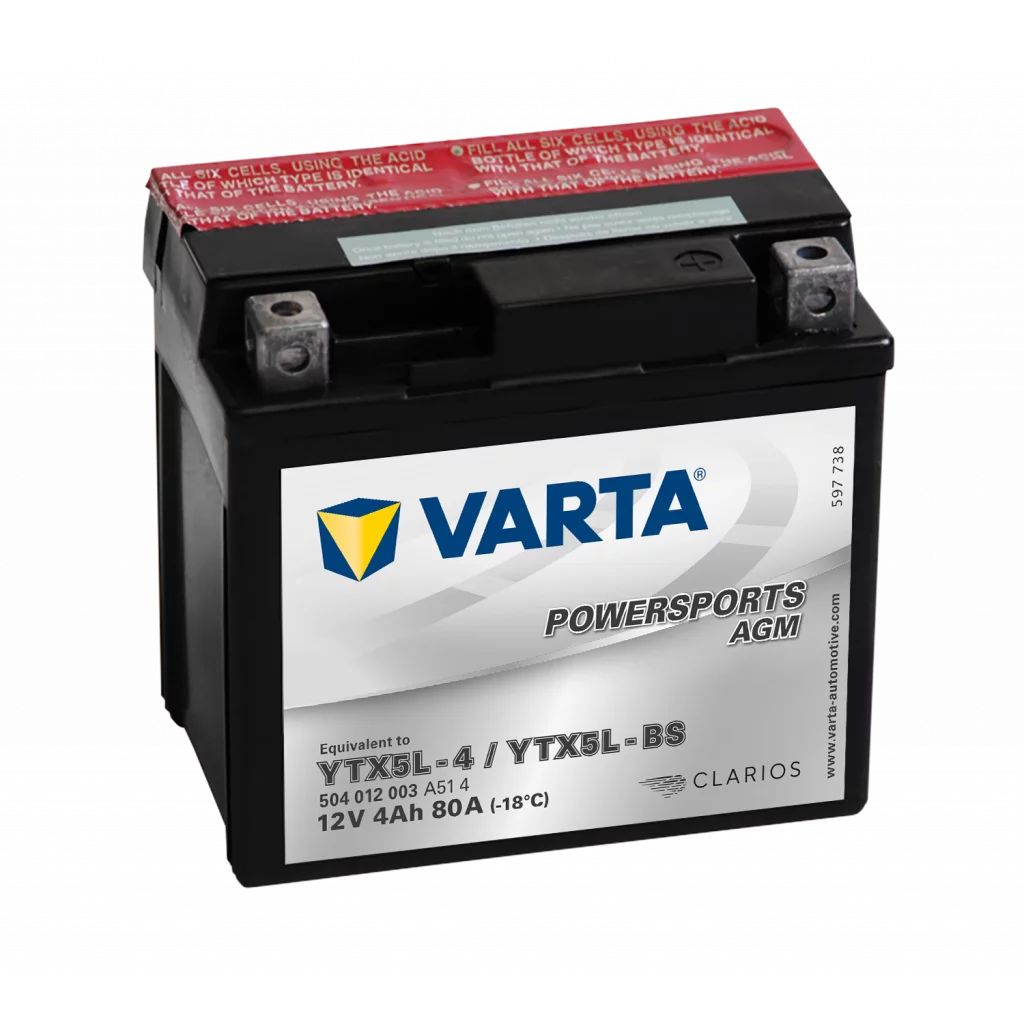 VARTA AGM MC Batteri 12V 4AH 80CCA (114x71x106mm) +höger YTX5L-BS
