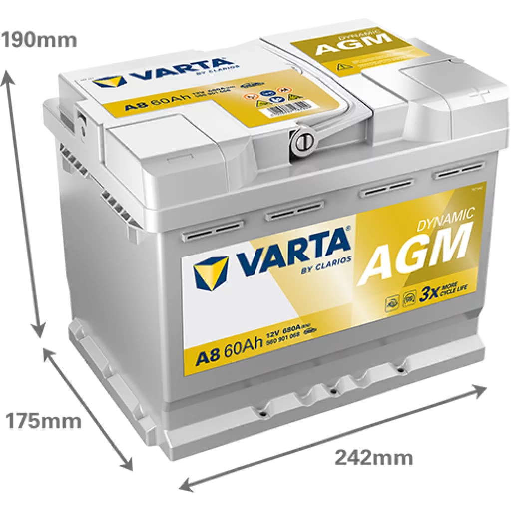 VARTA A8 Dynamic AGM Batteri 12V 60AH 680CCA (242x175x190mm) +höger